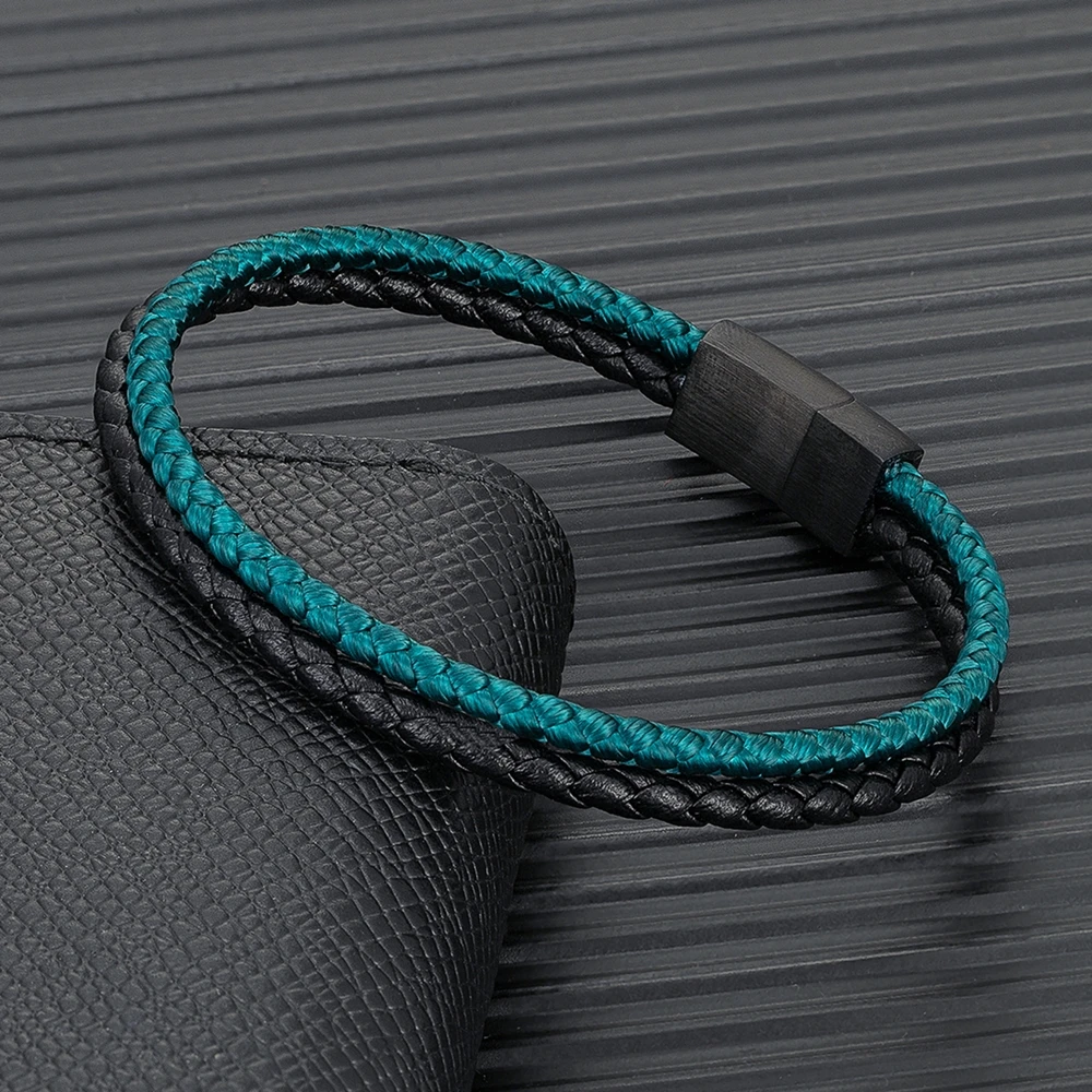 

MKENDN Minimalist Men Double Strand Leather Rope Bracelet Matte Black Stainless Steel Buckle Accessories Handmade Jewelry Gifts
