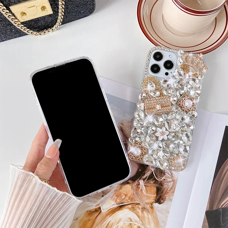 Diamond Rhinestone Pearl Flower Decoration Design Smart Cell Phone Case for Iphone 15 14 13 12 11 Pro MAX XR Series
