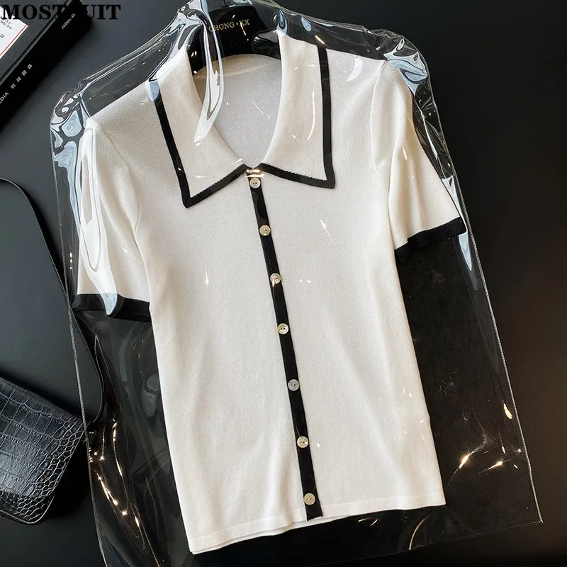 

Summer Korean Fashion Knit Pullover sweater Women Short Sleeve Single-breasted Top Color-blocked Korean Vintage Ladies Sweaters