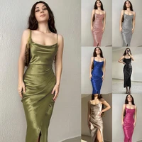 2022 womens spice girl style sexy low cut satin slit sling dress new slim backless dress