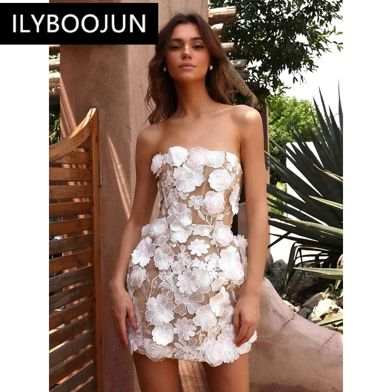 Белое вышитое облегающее мини-бальное платье без бретелек сексуальное