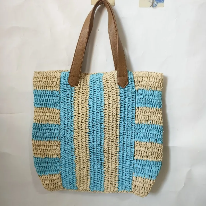 

Summer Simple Striped Straw Bag Hand-woven Paper Rope Women's Tote Bag Bali Bohemia Holiday Travel Beach Shoulder Bag Female