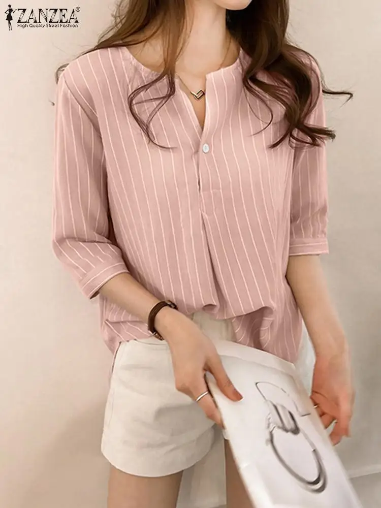 

ZANZEA Women Summer Striped Blouse Casual O Neck Six Quarter Sleeve Shirt Elegant Casual Bohemian Holiday Loose Work OL Tops