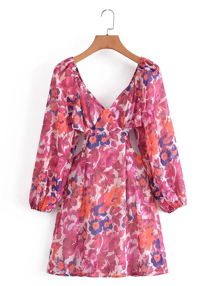 

YENKYE Summer Dress 2022 Women Vintage Floral Print Sexy Backless Chiffon Dress Ladies Long Sleeve Short Vestido