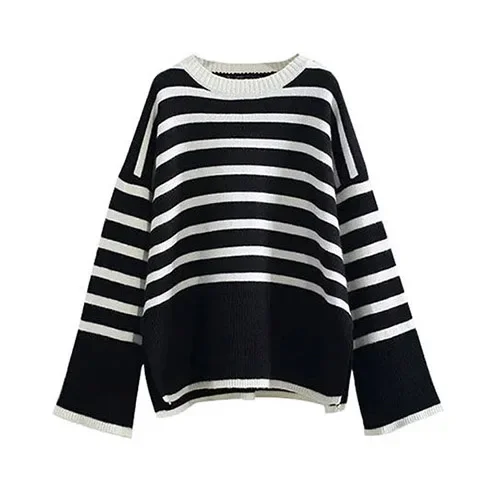 Женские полосатые пуловеры с расклешенными рукавами и боковым разрезом вязаный