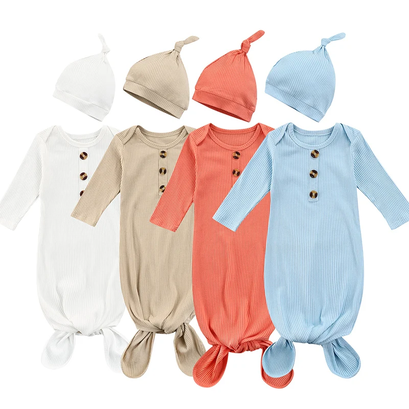 

Infant Baby’s Casual Swaddle and Hat Set Fashion Solid Color Waffle Button Sleeping Bag & Cap Suit 0-3M Newborn Night Clothing