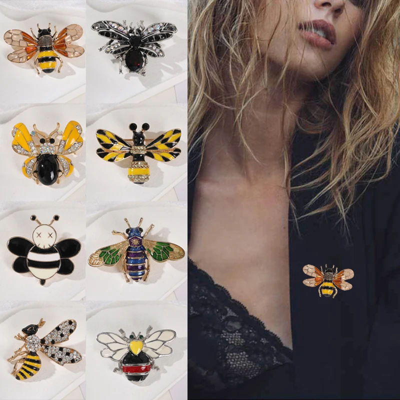 

Vintage Enamel Bee Brooch Insect Crystal Corsage Metal Lapel Pins Party Decor Elegant Temperament Badge Banquet Accessories Gift