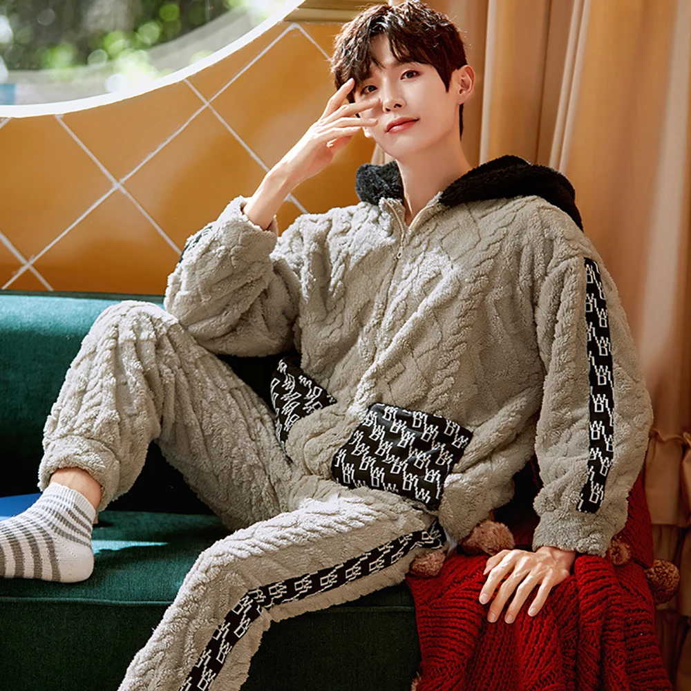 

Casual Hooded Pajama Sets Men Winter Thick Flannel Warm Pajamas for Men Cartoon Embroidery Zipper Men's Sets Sleepwear