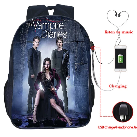 Дневники вампира USB большой емкости для подростков, косплей, школьная сумка Damon для студентов, мальчиков, дорожный рюкзак для ноутбука, детские сумки для книг