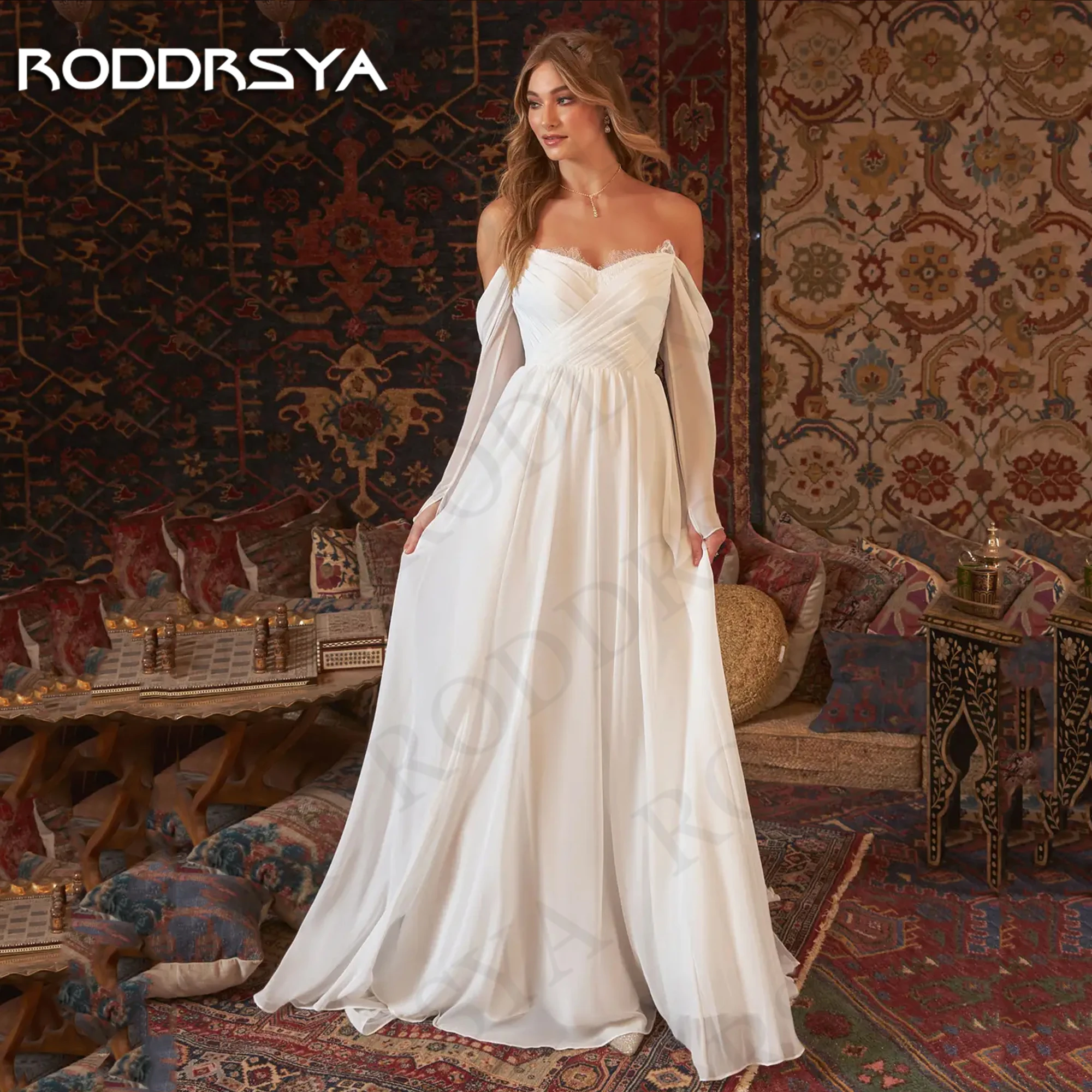 Фото Женское свадебное платье RODDRSYA, богемное шифоновое платье А-силуэта с длинным рукавом и открытыми плечами, платье невесты, 2024 Богемные свадебные платья с длинным рукавом  Гражданский шик A Line шифон с плеча плать №5