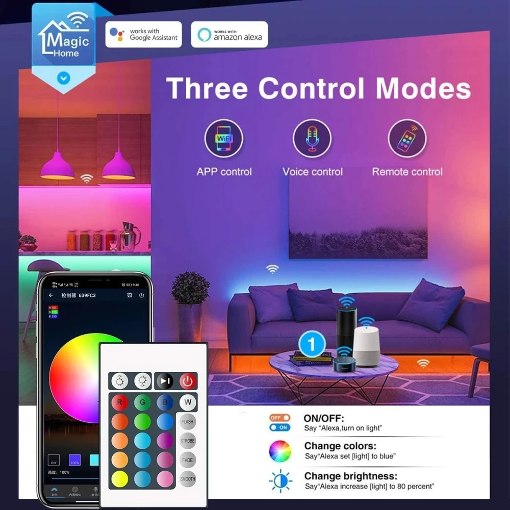 Светодиодная ленсветильник с поддержкой Alexa и Wi-Fi голосовым управлением RGB 5050 12 В