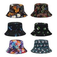 unisex graffiti double sided bucket hats outdoor foldable floral panama bob caps for women men girls cotton fisherman sun hat
