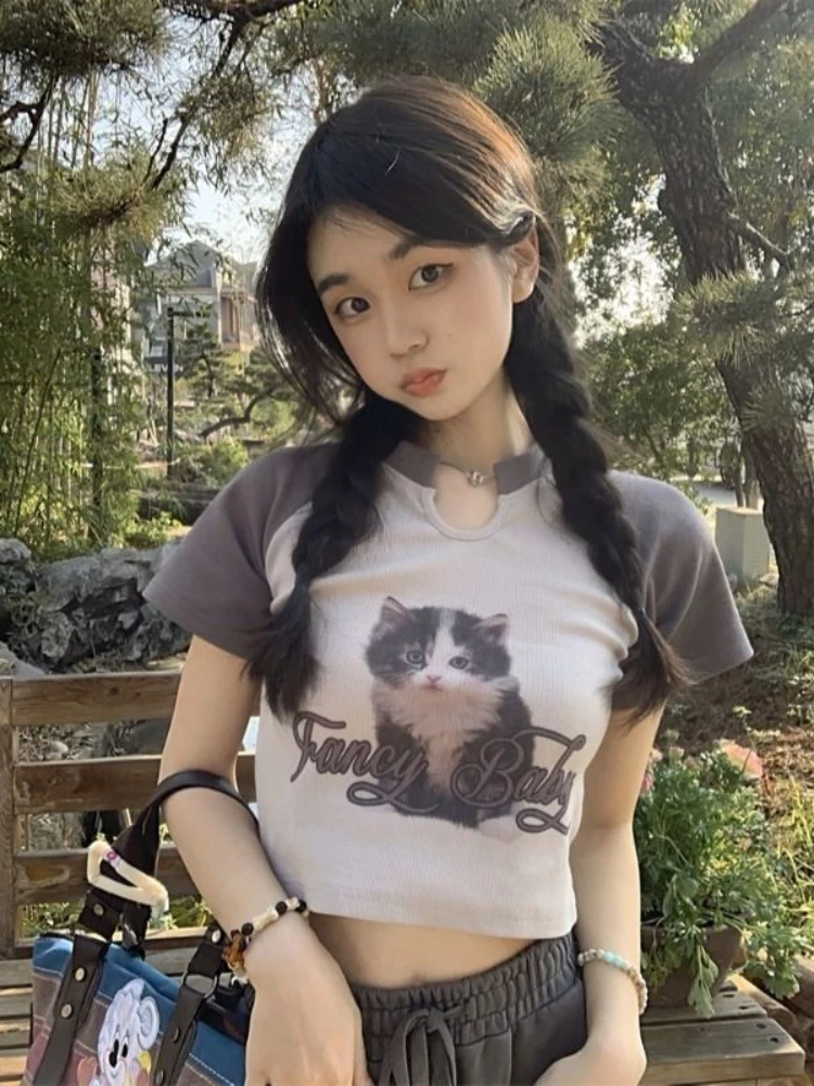 

Deeptown Y2K Aesthetic Patchwork T Shirts Women Harajuku Kawaii Cat Print Crop Tops Vintage Grunge Slim Trendy Short Sleeve Tees