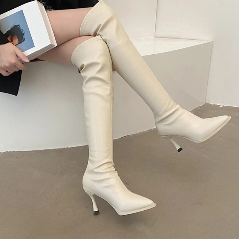 

Women White Over The Knee Boots Autumn 2023 Pointed Toe Thin Heels Thigh High Boots Woman Zipper Pu Leather Long Booties Mujer