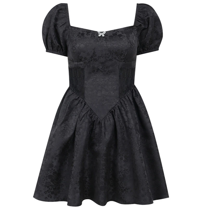 

Women Puff Short Sleeve Sexy Lace Stitching Black Floral A-Line Mini Swing Dress
