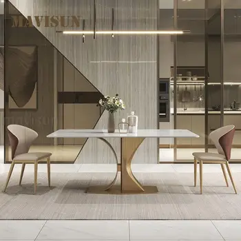 White Glossy Slate Dining Table Light Luxury Modern Minimalist High-end Designer Creative Rectangular Table And Chair Set