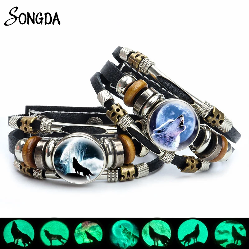 

Luminous Vintage Wolf Men Leather Bracelet Glass Snap Button Full Moon Howl Wolf Wicca Animal Power Norse Viking Amulet Bracelet