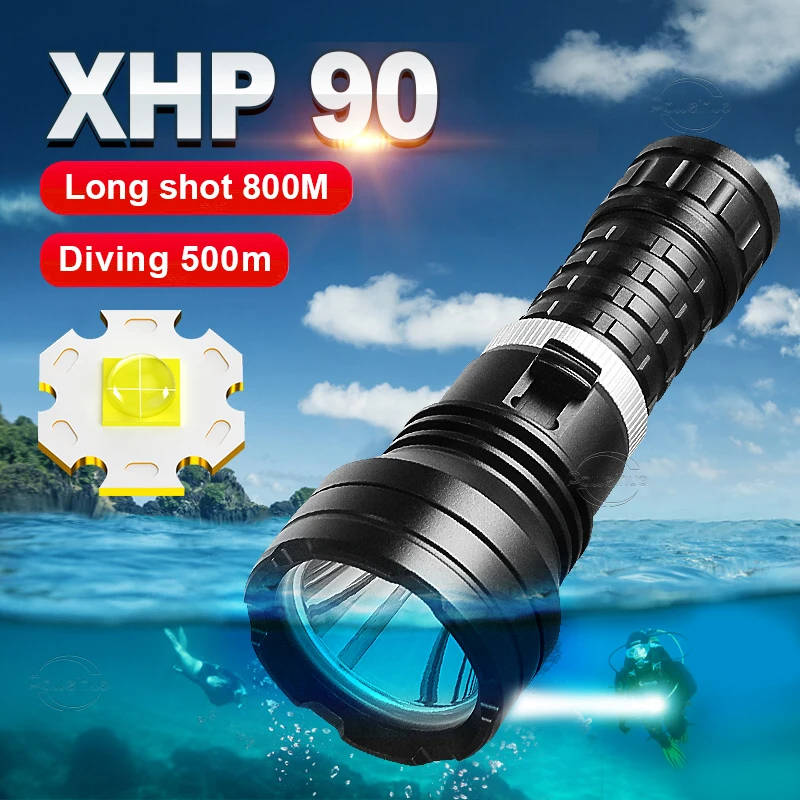 

Professional Diving Flashlight XHP90 Powerful Underwater Lamp IPX8 Waterproof LED Torch High Power Flashlight Scuba Diving Light