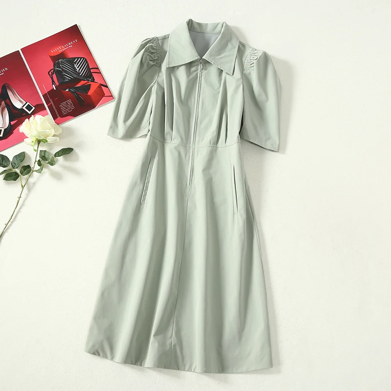 

MIUXIMAO 2022 Высокое качество Весна-лето элегантное платье с коротким рукавом с отворотом молния однотонное модное повседневное Мини платье для...