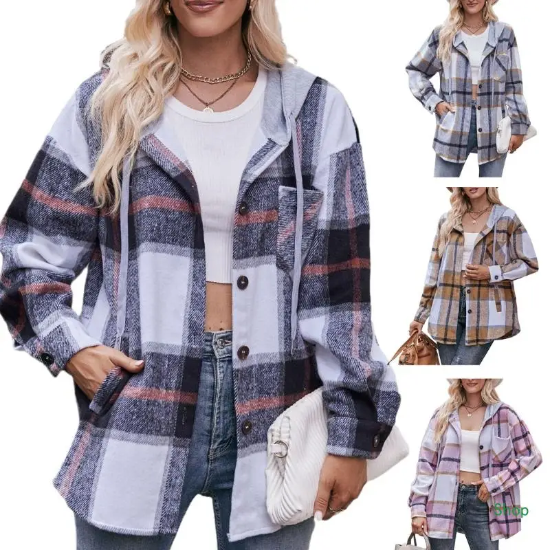 

L5YC Womens Plaids Hoodie Long Sleeve Shirt Button Down Casual Shirt Coat
