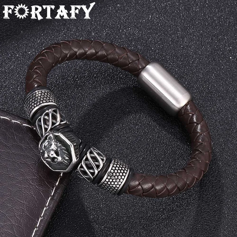 

FORTAFY Men Wristband Brown Leather Braided Bracelet Lion Stainless Steel Magnetic Clasp Vintage Bracelets Bangles FR0143