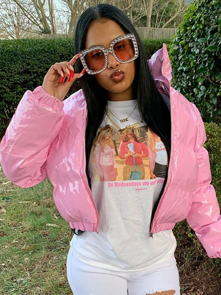 

2022Fashion Cute Women Pink Puffer Jacket Winter Warm Bubble Coats Shiny Leather Parkas Down Zipper Cropped Jackets Parkas