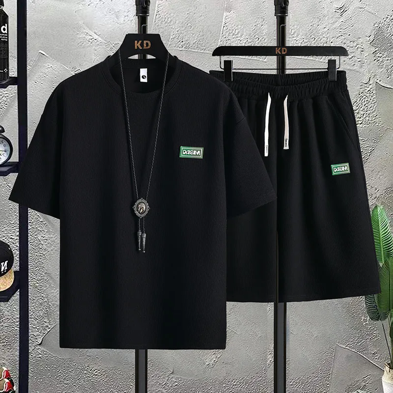 Men's Tracksuit Casual Sport 2-piece Set with Short Sleeve T-shirt and Shorts Waffle Loose Solid Color Men's Summer Sets