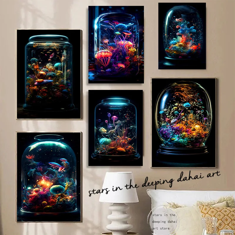 Фэнтезийный океан, дикие животные, искусственные ракушки, рыба в бутылке, искусственная живопись, настенная печать, картина для комнаты, домашний декор