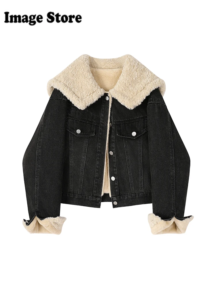Зимняя женская корейская джинсовая куртка с матросским воротником из толстой