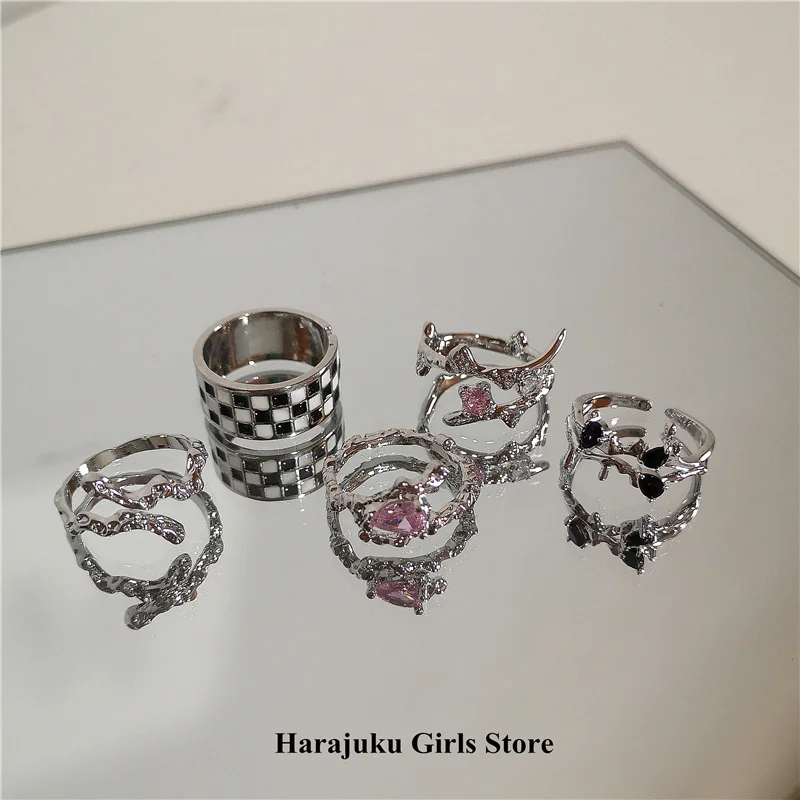 

2022 Kpop Pink Gems Multilayer Irregular Open Metal Ring For Women Egirl Vintage Grunge Aesthetic Jewelry EMO Y2K Accessories