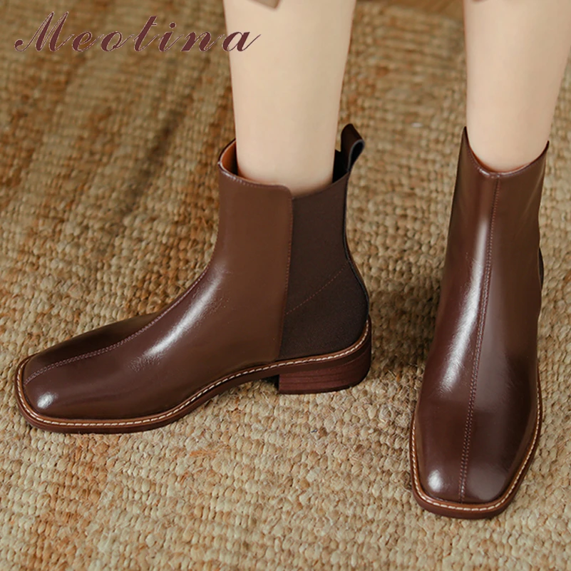 

Meotina Women Genuine Leather Ankle Chelsea Boots Square Toe Chunky Mid Heel Ladies Short Boot Autumn Winter Shoes Brown 40