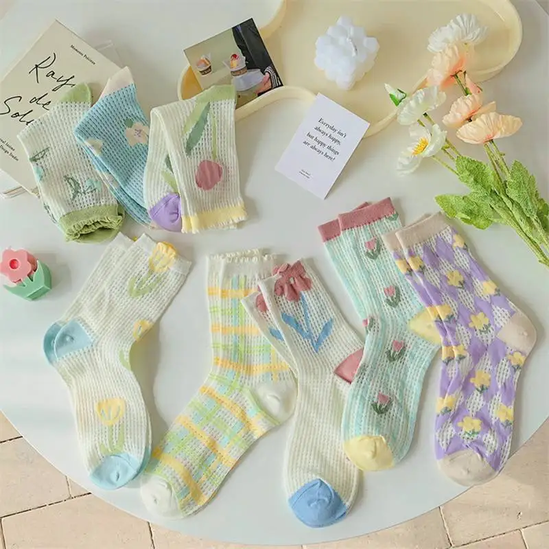 

Summer Cute Floral Socks Fashion Sweet Flower Socks Elastic Thin Mesh Hollow Out Women Girls Casual Breathable