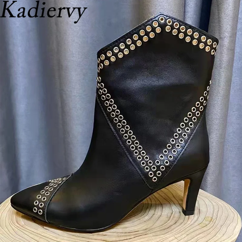 

Sexy High Heels Ankle Boots For Women Suede Leather Rivet Booties Female Pointed Toe Runway Shoes Women Stiletto Short Boots