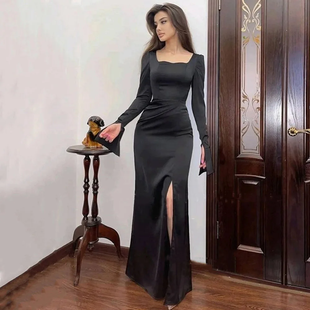 

Mermaid Square Collar Black Evening Dresses Elegant Simple Long Sleeves Sweep Train Side Slit Sexy Formal Party Gowns Women