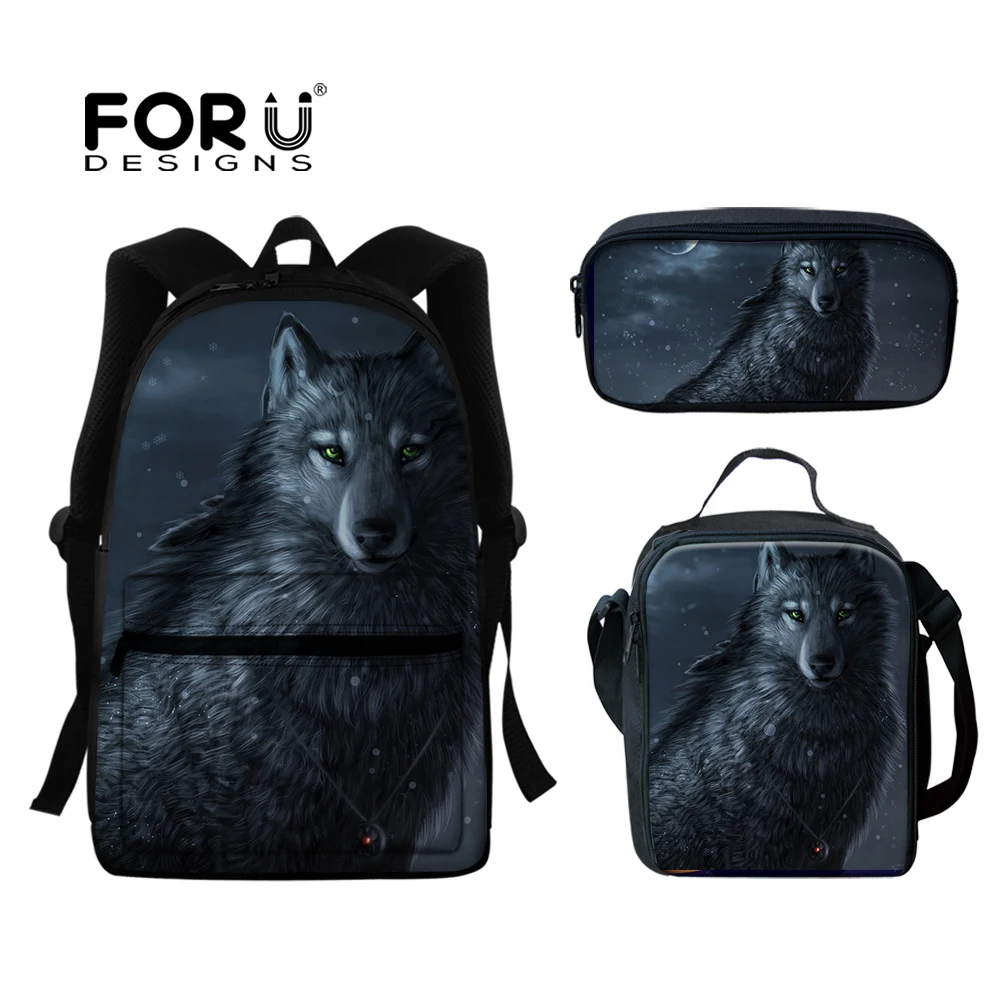 Рюкзак FORUDESIGNS с 3D принтом волка, вместительный прочный, 3 шт., школьный рюкзак для подростков, повседневные сумки, школьная сумка для детей