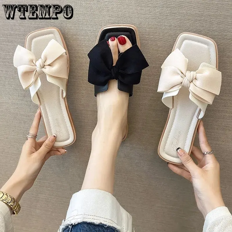 

WTEMPO Elegant Bow Slippers Women Summer Outdoor All-match Low Heel Peep Toe Slippers Female Fashion Soft Sole Beach Slip-ons