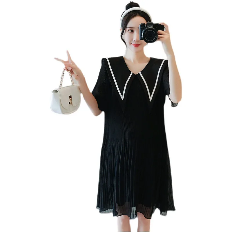 

Летнее модное свободное шифоновое платье с коротким рукавом для беременных женщин шифоновое платье для беременных с отложным воротником плиссированное платье с подкладкой