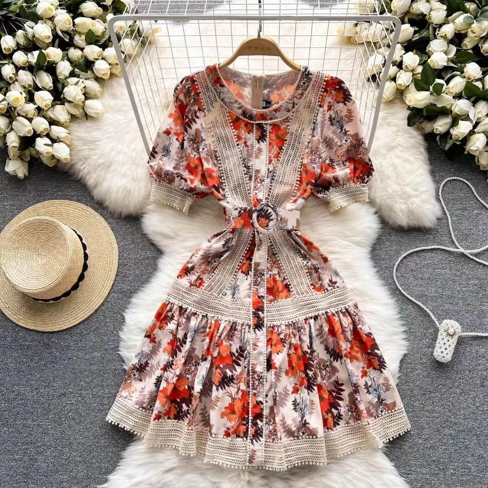 

JSXDHK 2022 New Summer Runway Fashion Vacation Dress Vintage Women Chiffon Flower Print Patchwork Lace Short Sleeve Belt Dresses