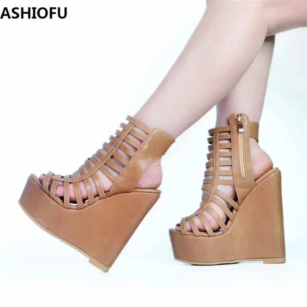 ASHIOFU New Hot Sale Handmade Womens Wadge Heel Sandals Cut-out Night-club Party Prom Shoes Fashion Evening Daily