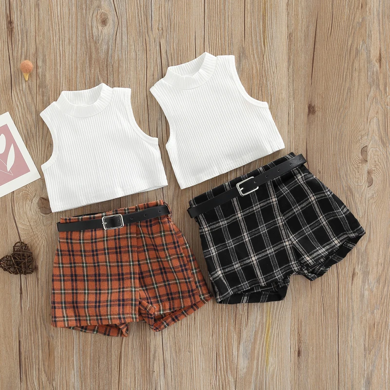 

2022 Kids Girls Casual Suit Solid Sleeveless Knitted Tops+Plaid Printed Dress-Like Shorts Children's Clothing