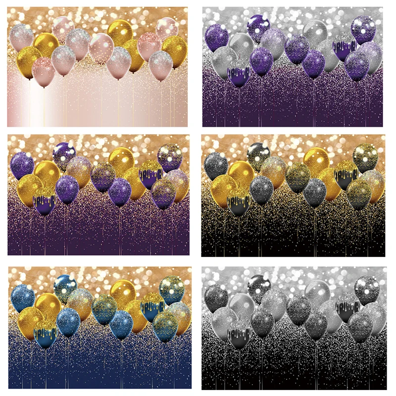 

Happy birthday background for men, women and children. Gold/blue/purple/pink glowing balloons decoration party banner