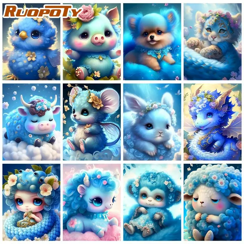 

RUOPOTY Full Round Square Diamond Painting Blue Animals 5D DIY Diamond Embroidery Art Kits Mosaic Handmade Gift