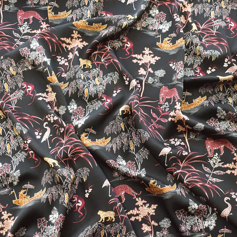 

Fashion Fabric Art Elastic Satin Chiffon Fabric Spring And Summer Printed Fabric Black Background Landscape Impervious