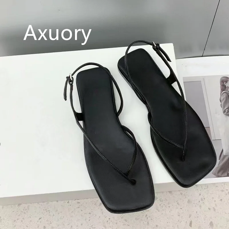 2023 New The Sandals Genuine Leather Flip-flops Retro Style Solid Color Square head Top Quality Summer Wear High Quality