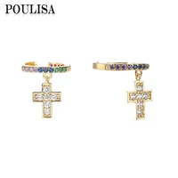 poulisa unique cz cross pendant ear clip for women party gift cartilage ear cuff black non piercing earrings fashion accessories