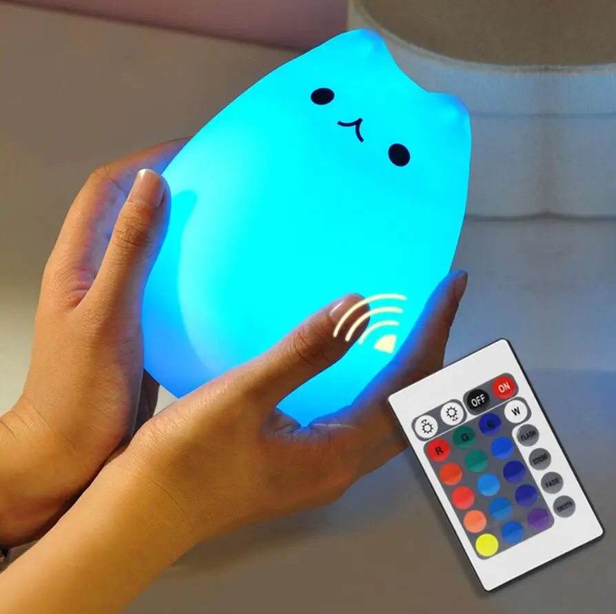Silicone Cat LED Night Light Remote Control Touch Sensor Tap Colorful USB Rechargeable Bedroom Bedside Lamp for Children Baby