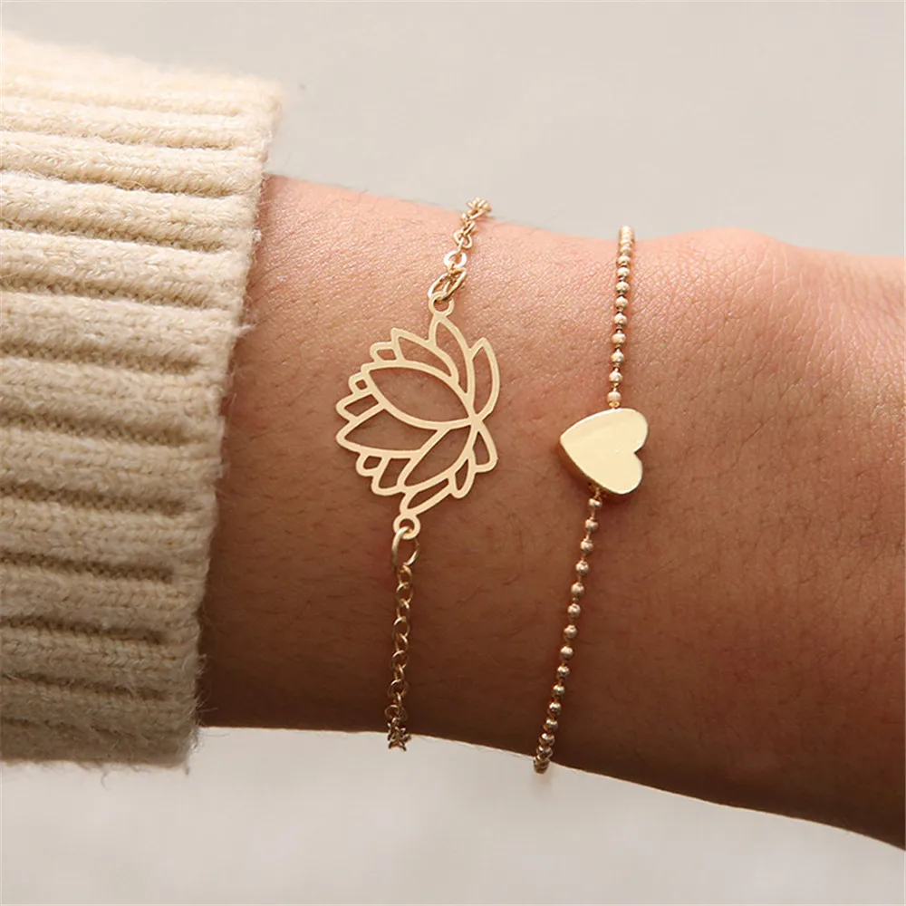 

Charmsmic Gold Color Hollow Lotus Charm Bracelets Heart Shape Lovers Women Female Alloy Fashion Jewelry 2023
