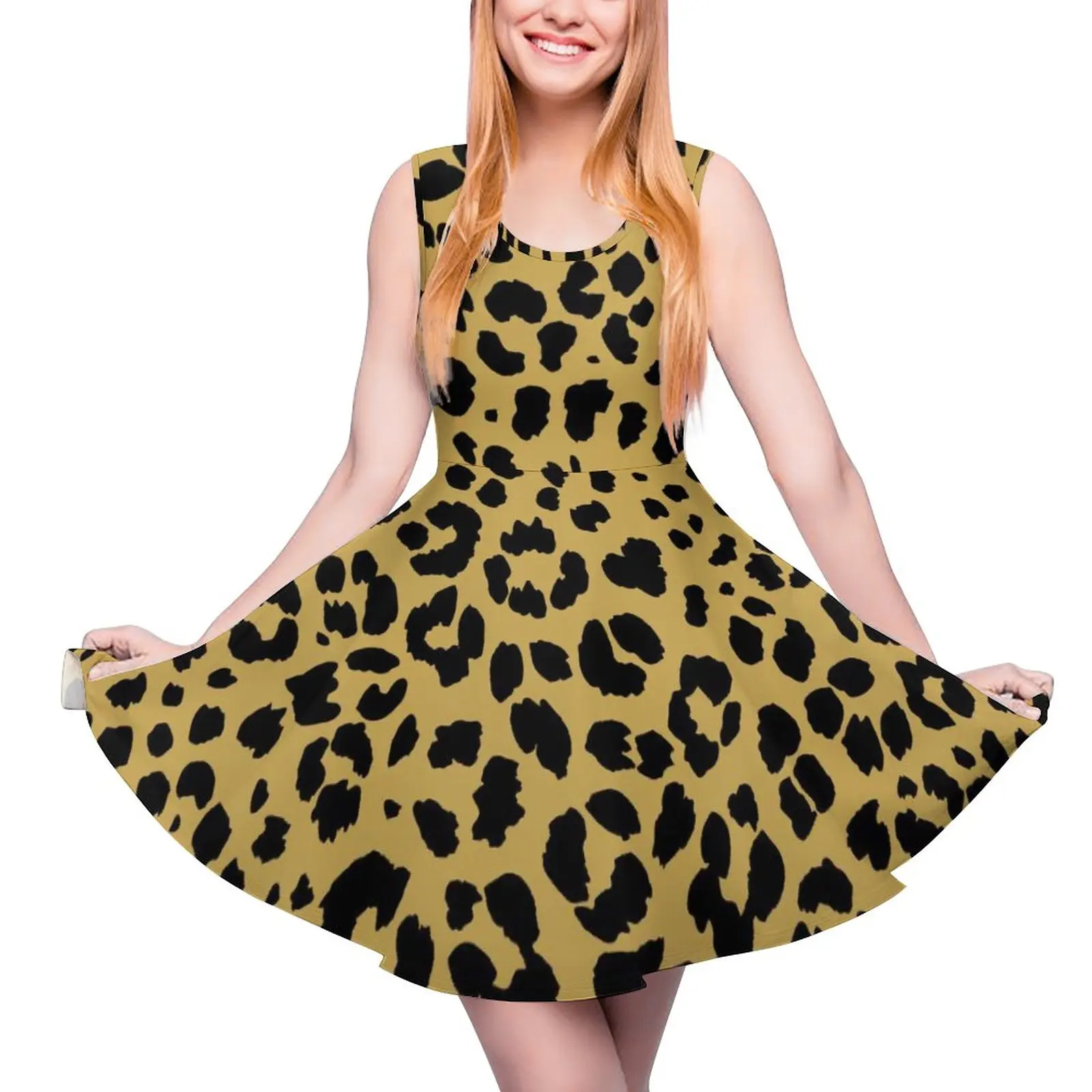

Trendy Leopard Dress Classic Animal Print Boho Beach Dresses Sleeveless Casual Skate Dress Womens Design Vestido Gift