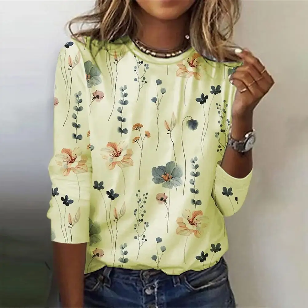 

Loose Fit Elastic T-shirt Floral Print Women's Streetwear Loose Fit Thin Breathable O-neck Long Sleeve Blouses for Spring Autumn