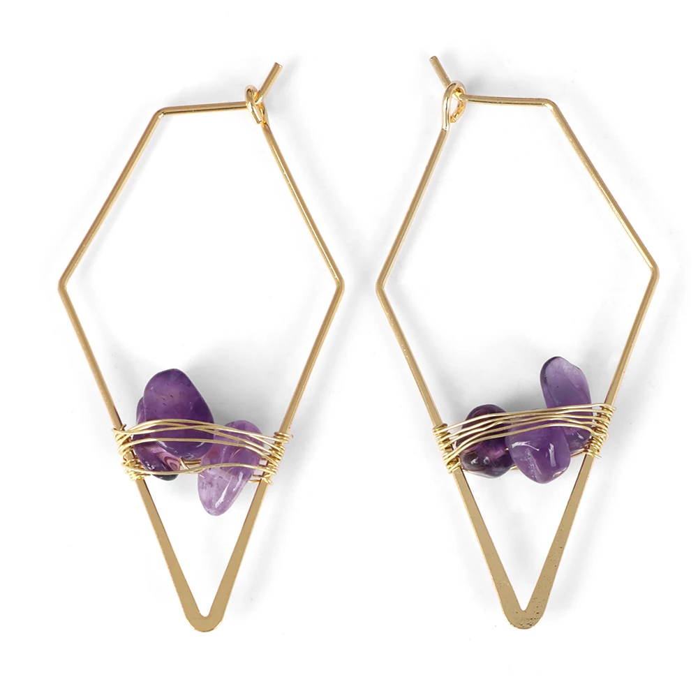 

Gold Color Geometric Hoop Earrings Hollow Metal Amethysts Citrines Natural Quaztzs Chip Stone Earrings For Women Girl Jewelry
